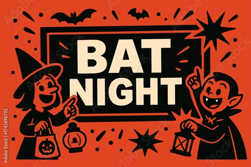 BatNight Celebration Banner. BatNight banner, flat vector illustration, bold oversized text inside rectangular frame, cartoon characters pointing and cheering