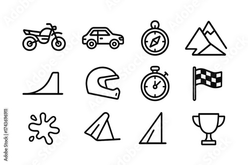 Adventure Racing Icons. Adventure racing. Line icon set of adventure racing: dirt bike, rally car, compass, mountain, ramp, helmet, stopwatch, flag, mud