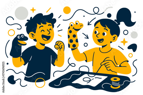 Creative Sock Puppets. Kids crafting sock puppets. Glowing children holding colorful sock puppets, abstract floating shapes and threads emphasizing creativity