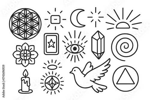Mystical Doodle Icons. Mysticism. Hand-drawn doodle illustration mysticism flower of life, mandala, tarot card, crystal, star, moon, candle, eye, spiral, halo,