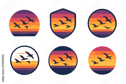 Bird Migration Logos. A flock of birds migrating across the sky at sunset, silhouetted against the colorful horizon. Set Logo of sky gradient: layered color
