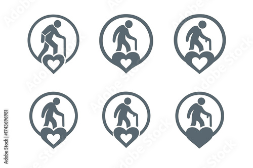 Elderly Wellness Logos. Physical wellness and mobility for the elderly. Set Logo of wellness circle: elderly figure inside circular emblem with