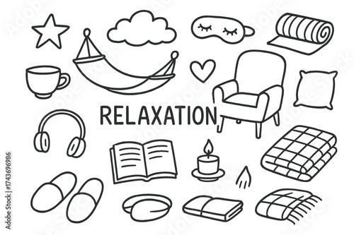 Relaxing Essentials Doodles. Relaxation. Hand-drawn doodle illustration Relaxation armchair, hammock, book, tea cup, pillow, slippers, headphones, candle,