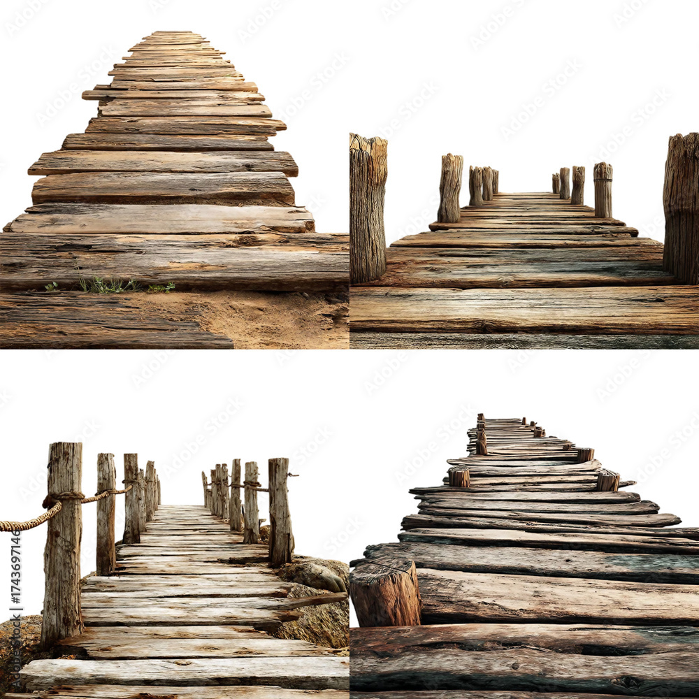 Fototapeta premium Rustic wooden dock path isolated on with white background