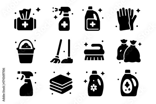 Sanitation Supplies Icons. Sanitation Supplies. Solid icons set of Sanitation Supplies: disinfecting wipes, sanitizer spray, sterilizing solution, cleaning