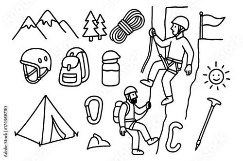 Outdoor Adventure Doodle. Outdoor activity. Hand-drawn doodle illustration outdoor activity mountain, trees, rope, harness, climber, helmet, backpack, water