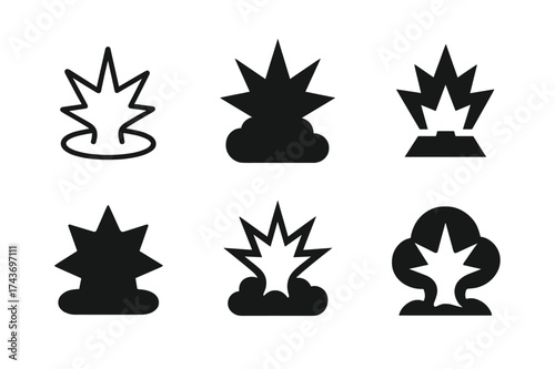 Explosive Sound Logos. Sudden loud noise. Set Logo of Sound: explosion icon. harmonious logo variations of the same emblematic concept, each with different