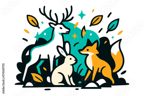 Enchanted Forest Creatures. Woodland Gathering. A glowing deer, rabbit, and fox standing together in a forest clearing, abstract floating leaves and spark