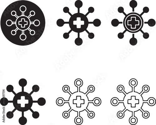 Medical icons with radial designs and a plus symbol on transparent background silhouette