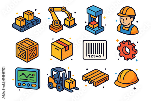 Colorful Factory Icons. Production Line. Colorful isometric vector icons set of production line: conveyor belt, robotic arm, machine press, worker, crate,
