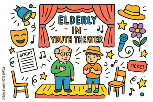 Youth Theater Magic. Elderly in Youth Theater. Colorful Hand-drawn doodle Children illustration stage, curtain, spotlight, elderly actor, child actor, mask,