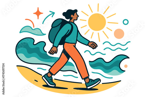 Beach Tranquility Adventure. Solo beach escape. Glowing traveler walking along the shoreline, abstract floating waves and sun rays emphasizing tranquility,