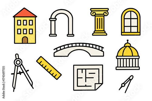 Colorful Architectural Elements. Architectural Composition. Hand-drawn doodle illustration building (colored), arch, column (colored), spiral stairs, window