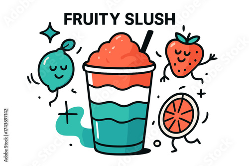 Fruity Slush Extravaganza. Fruity Slush. Bright cup of layered colorful slush with glowing fruit icons (lemon, strawberry, orange) floating around. Modern