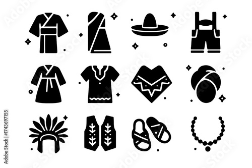 Cultural Costume Icons. Cultural costumes. Solid icons set of kimono, sari, sombrero, lederhosen, hanbok, dashiki, poncho, turban, feathered crown, embroidered