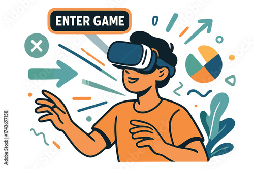 Virtual Reality Immersion. VR headset. Person wearing VR goggles, beams of light and abstract digital shapes expanding outward. Floating "Enter Game" sign