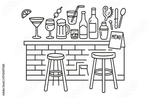 Bar Counter Doodle. Bar counter. Hand-drawn doodle illustration bar counter cocktail glass, wine glass, beer mug, whiskey glass, bottle, shaker, ice bucket,