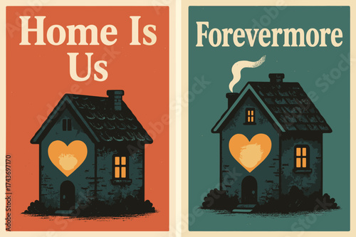 Cozy Home Banners. Home. Two vertical A6 banners, retro, coral and teal backgrounds, cozy house with glowing heart-shaped window and steam from a mug, first