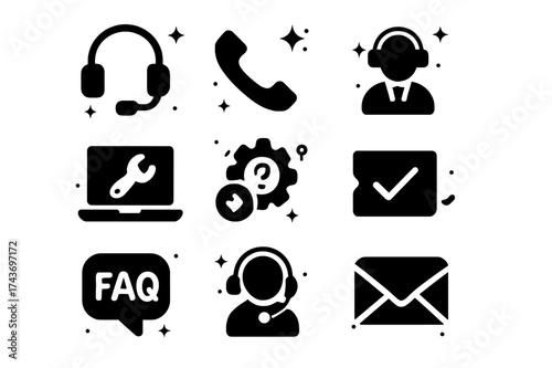 Tech Support Icons. Tech Support. Solid icons set of headset, phone, customer support, laptop, troubleshooting, ticketing system, FAQ, live chat, email, chat