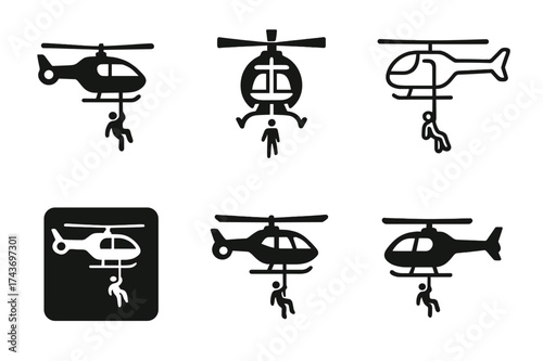 Aviation Rescue Logos. Helicopters and aircraft involved in rescue operations. Set Logo of Aviation: helicopter with rescue winch icon. harmonious logo