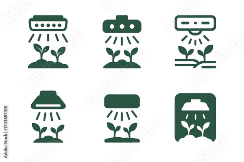 LED Farming Logos. Indoor farming with LED lighting. Set Logo of LED lamp: overhead grow light shining on plants. harmonious logo variations of the same