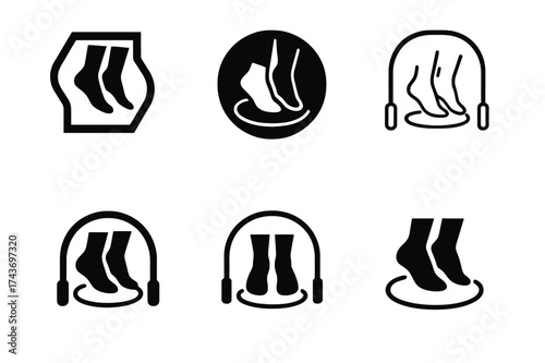 Jump Rope Logos. Jump rope. Set Logo of Fitness: rope and jumping feet icon. harmonious logo variations of the same emblematic concept, each with different