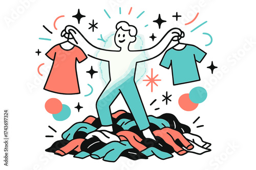 Glowing Fashion Creativity. Fashion experiment. A glowing character standing in a pile of clothes while holding up new outfits, abstract stars and lines