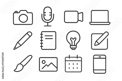 Content Creation Icons. Content creation. Line icon set of content creation: camera, microphone, video camera, laptop, pen, notebook, light bulb, edit icon,