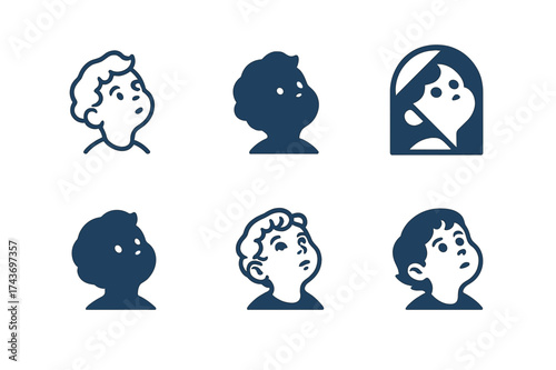 Curious Child Logos. Child's wonder. Set Logo of Emotion: curious child looking up icon. harmonious logo variations of the same emblematic concept, each with