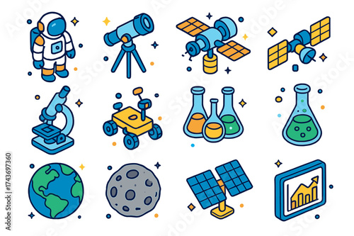 Space Science Icons. Space Science. Colorful isometric vector icons set of space science: astronaut, telescope, orbital station, satellite, microscope, rover,