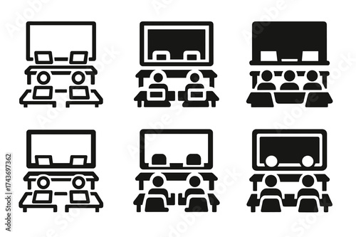 Classroom Technology Logos. Students using laptops and tablets in classrooms. Set Logo of modern classroom: screen and desk setup in structured rows.