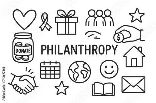 Philanthropy Icons Collection. Philanthropy. Hand-drawn doodle illustration Philanthropy heart, gift box, donation jar, hand holding coin, people group,