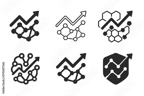 AI Logo Variations. Artificial intelligence in business. Set Logo of predictive analytics: chart arrow over neural network icon. harmonious logo variations of