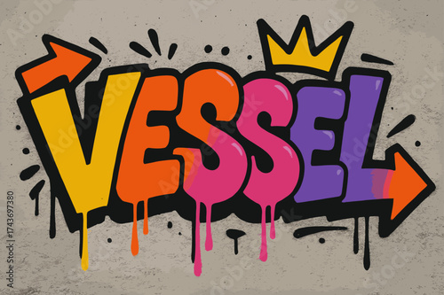 Bubble Letter Graffiti. Urban Vessel ? Graffiti Simplified, chunky tilted bubble letters with dripping edges, arrows and crowns, flat spray-fill, reverent