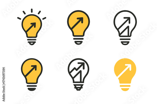 Startup Logo Variations. Investing in startups. Set Logo of lightbulb idea: glowing bulb with upward arrow. harmonious logo variations of the same emblematic