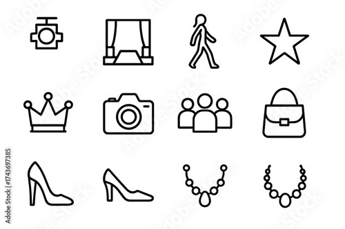 Runway Icon Set. Runway scene. Line icon set of runway scene: spotlight, stage, walking model, star, crown, camera, audience, handbag, high heels, necklace.