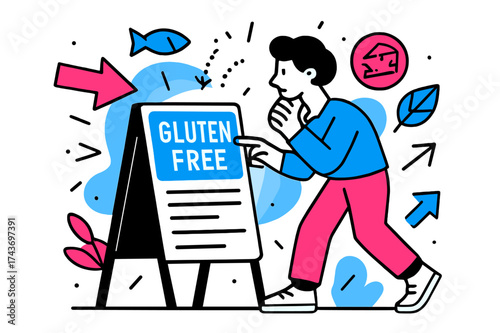 Gluten-Free Menu Highlights. Exploring Options. A glowing menu board with ?Gluten-Free? highlighted, abstract floating arrows and icons pointing to choices.