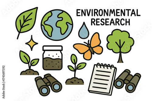 Environmental Icons Collection. Environmental Research. Hand-drawn doodle illustration globe (colored), leaf, tree (colored), droplet, butterfly (colored),
