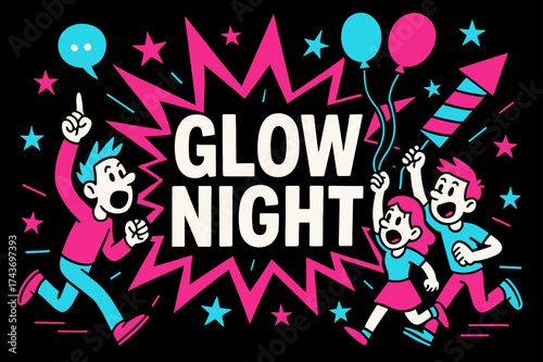 Glow Night Extravaganza. Glow Night banner, flat vector illustration, bold oversized text inside splash explosion, cartoon characters running and shouting at