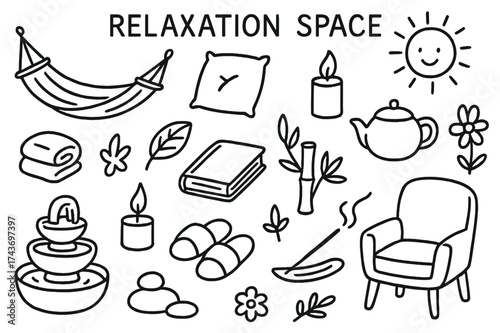 Relaxation Doodle Icons. Relaxation Space. Hand-drawn doodle illustration Relaxation Space hammock, pillow, candle, teapot, slippers, towel, fountain, pebbles,
