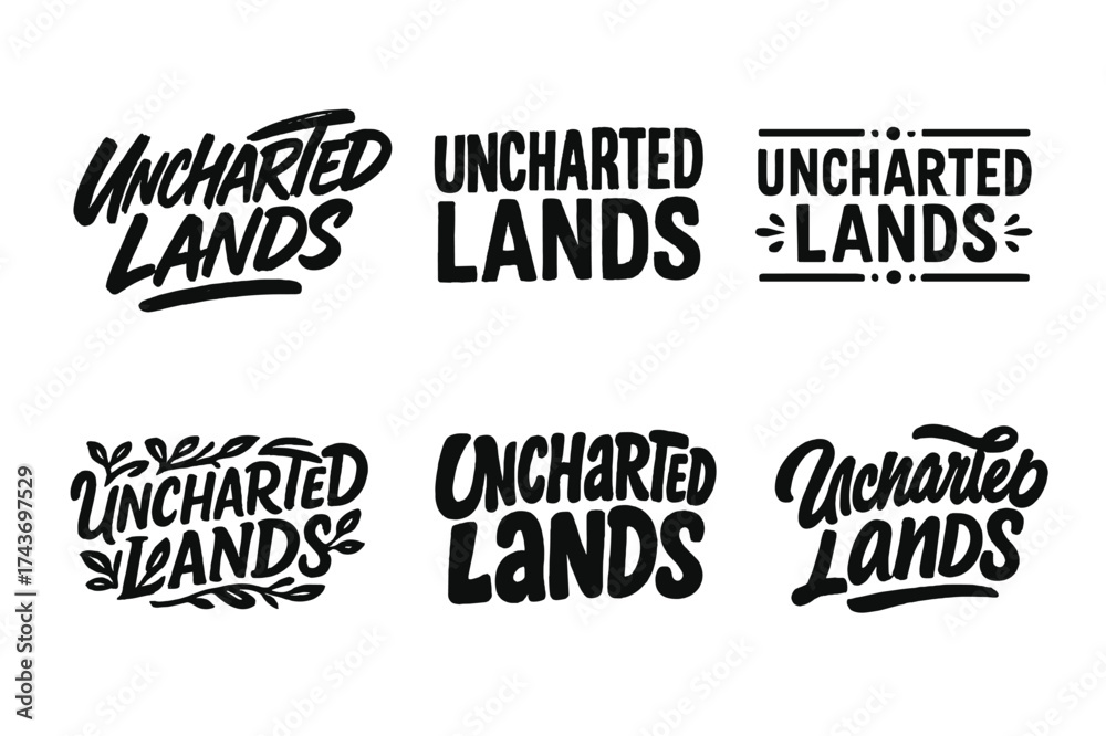 Obraz premium Creative Lettering Grid. Uncharted lands. Set lettering. harmonious lettering variations of the same emblematic concept, each with different artistic