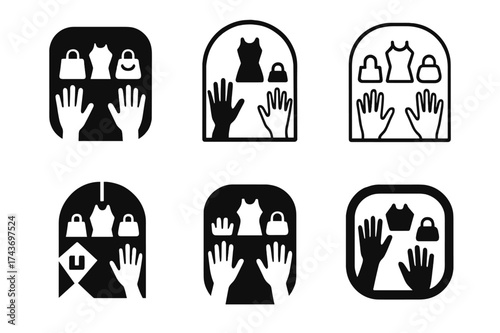 Harmonious Logo Variations. Window shopping. Set Logo of window shopping: hands pressed against glass showcasing products. harmonious logo variations of the
