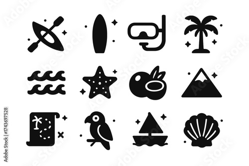 Island Adventure Icons. Island adventures. Solid icons set of Island adventures: canoe, surfboard, snorkeling mask, palm tree, waves, starfish, coconut,