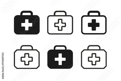 Safety Kit Icons. Workplace safety and hazard prevention. Set Logo of first aid kit: Filled silhouette, Minimal outline, Symmetrical form, Iconic shape,