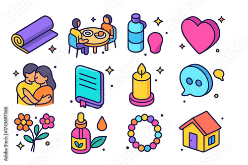 Couples Wellness Icons. Couple Wellness. Colorful isometric vector icons set of couple wellness: yoga mat, shared meal, water bottle, heart, hug, notebook,