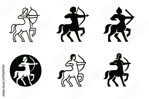Mythical Centaur Logos. A mythical creature blending human and animal features. Set Logo of centaur: half-human, half-horse figure. harmonious logo variations