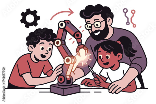 Kids Create Robotic Arm. Robotics workshop. Children assembling glowing robotic arm with mentor guiding. Floating cog, arrow, and circuit icons showing motion.