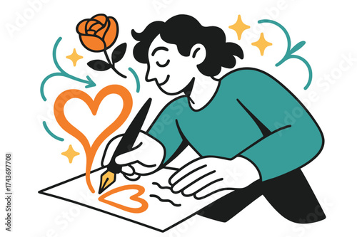 Heartfelt Romantic Writing. Romantic poetry. Person writing with glowing heart-shaped ink spreading across the page. Floating rose and star icons forming an