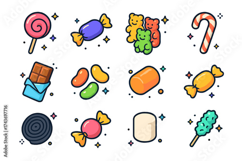 Colorful Candy Icons. Candy. Colorful isometric vector icons set of Candy: lollipop, wrapped candy, gummy bears, candy cane, chocolate bar, jelly beans,
