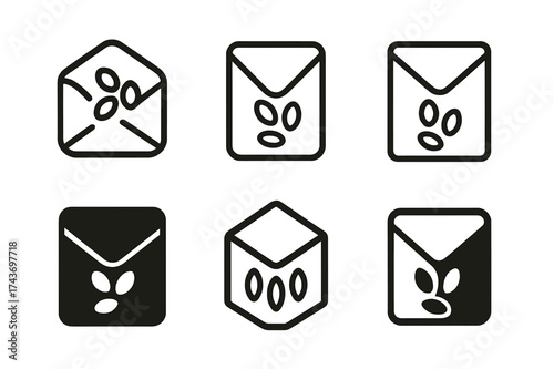 Seed Packet Logos. Seed preservation techniques. Set Logo of sealed packet: envelope containing seeds. harmonious logo variations of the same emblematic